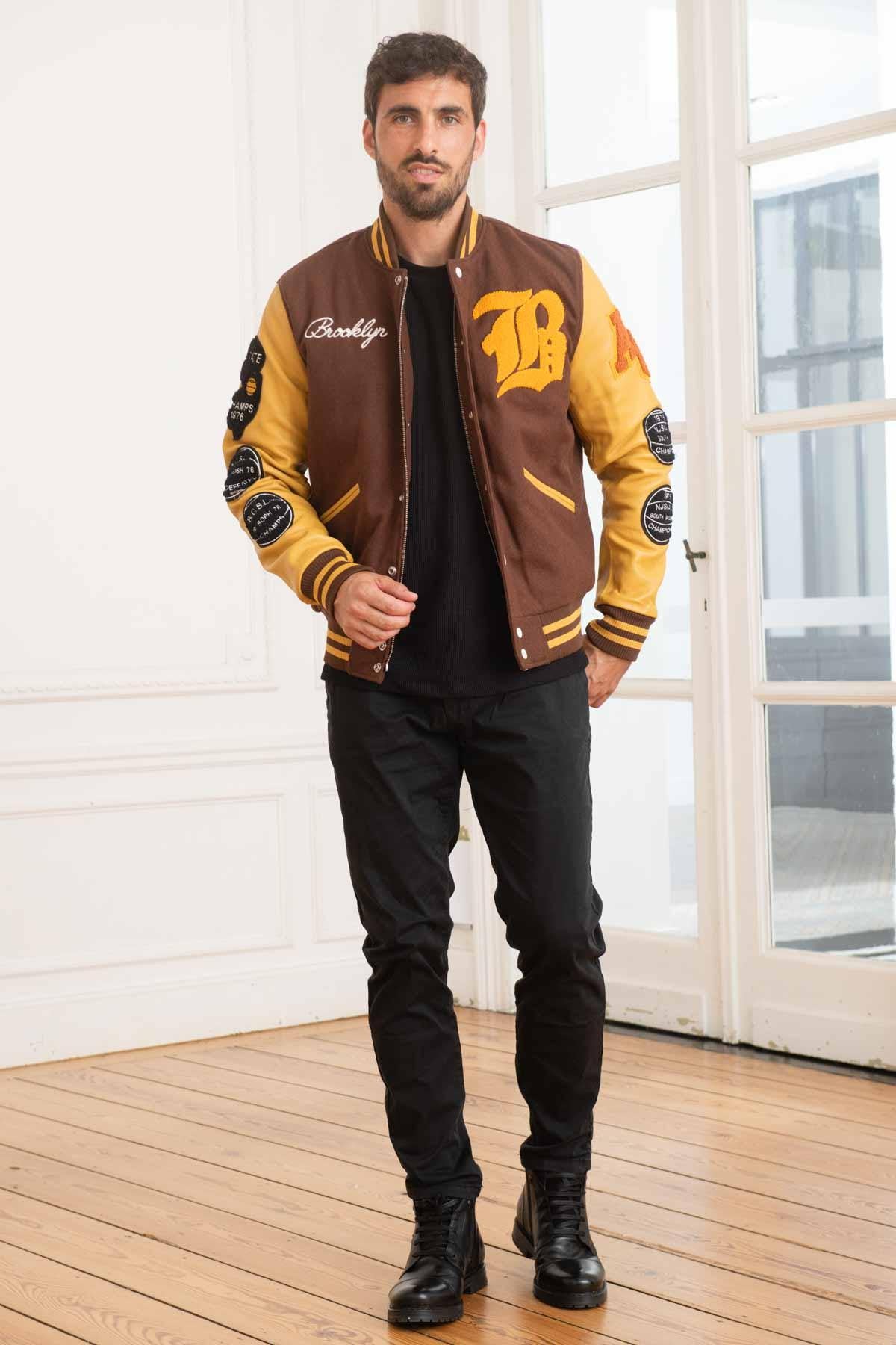 Varsity jacket in brown and yellow leather and wool - Image n°3