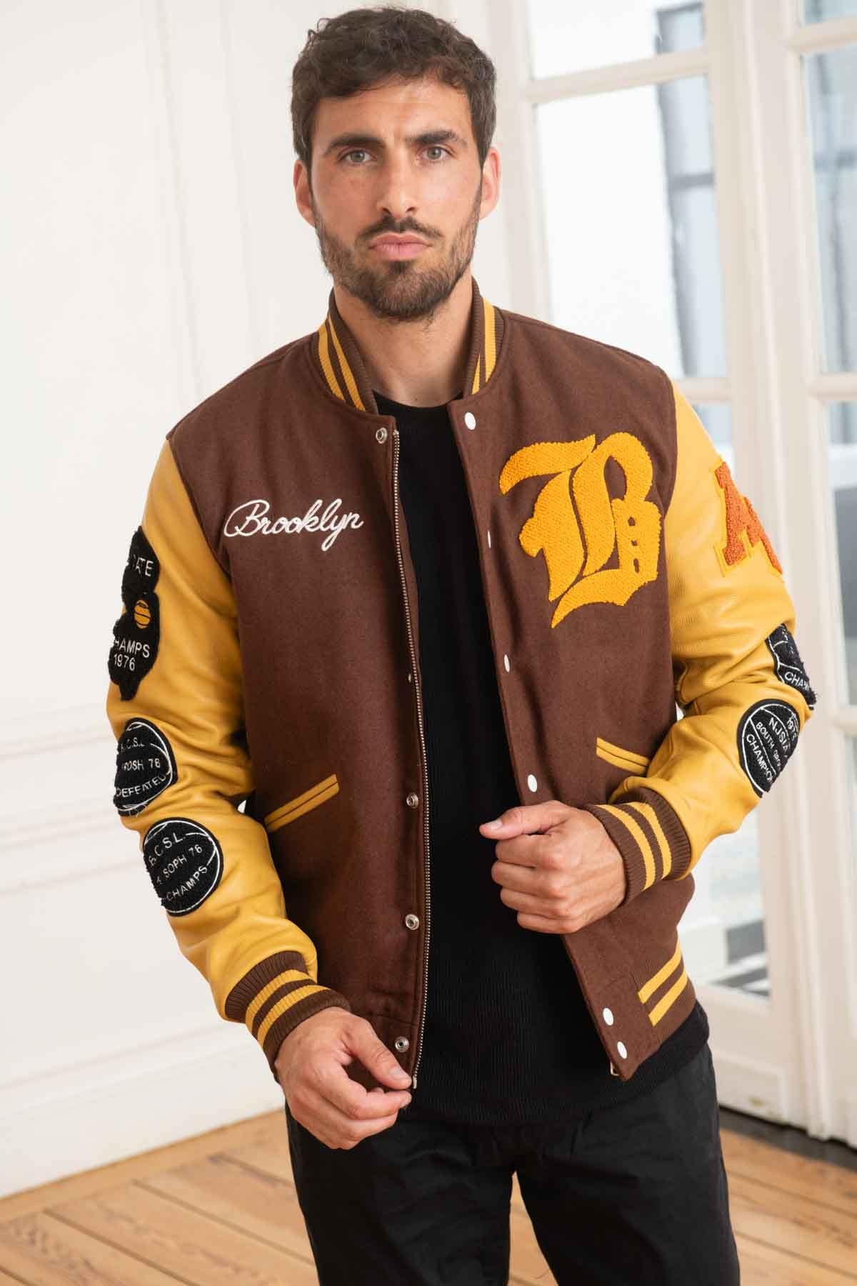 Varsity jacket in brown and yellow leather and wool - Image n°4