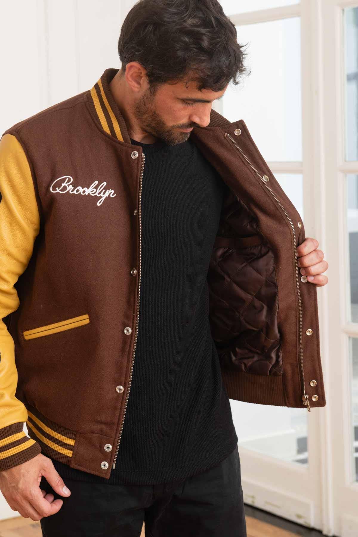 Varsity jacket in brown and yellow leather and wool - Image n°5