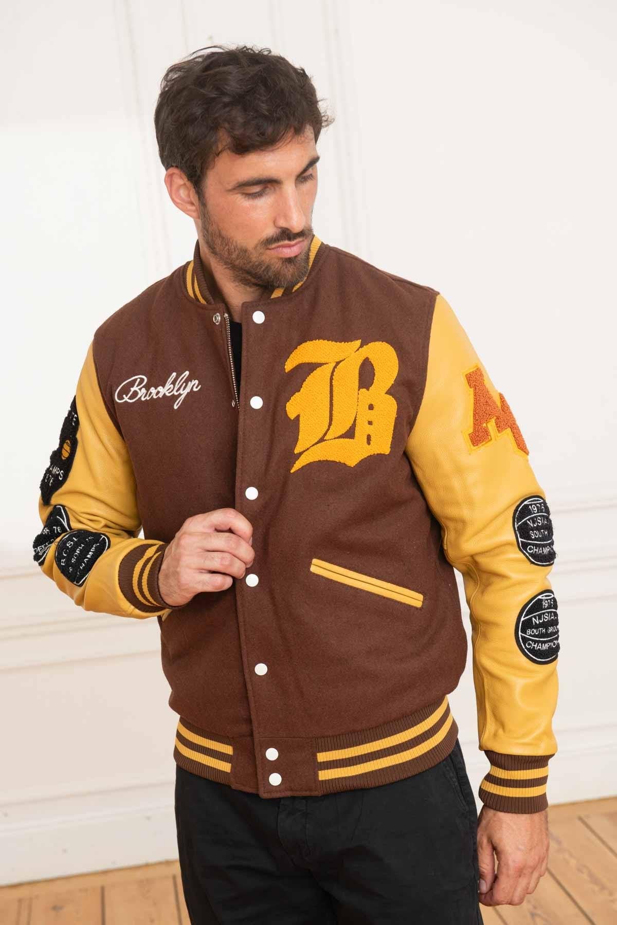 Varsity jacket in brown and yellow leather and wool - Image n°1