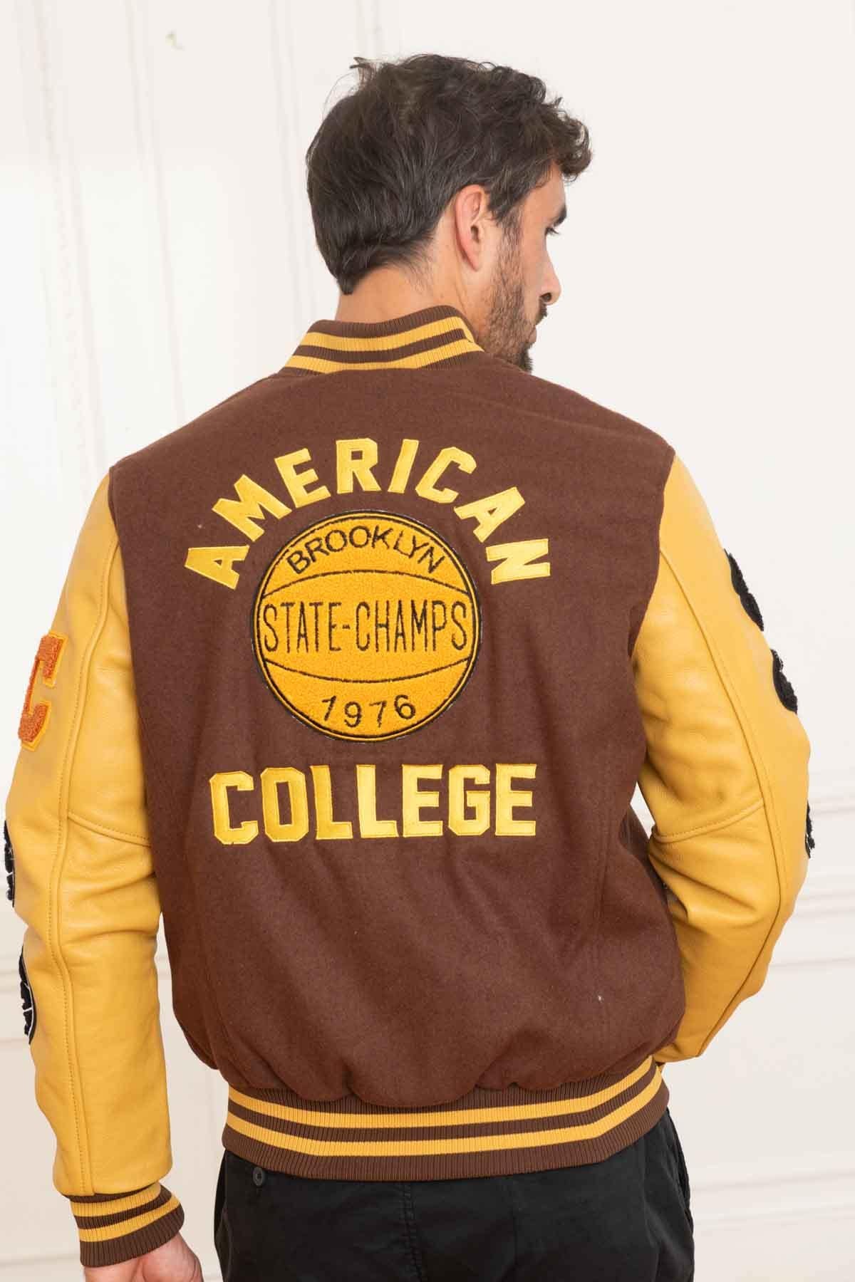 Varsity jacket in brown and yellow leather and wool - Image n°2