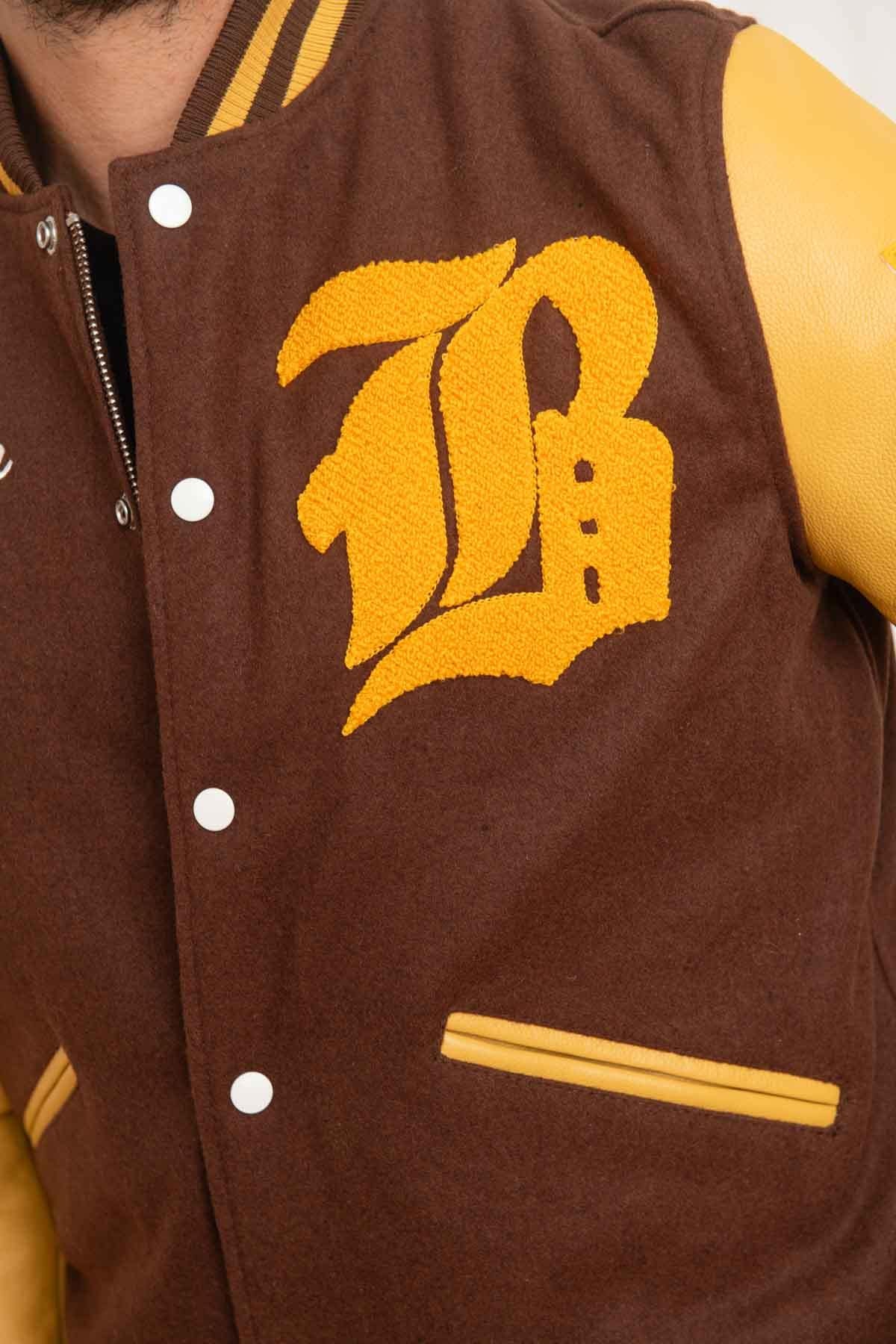 Varsity jacket in brown and yellow leather and wool - Image n°7