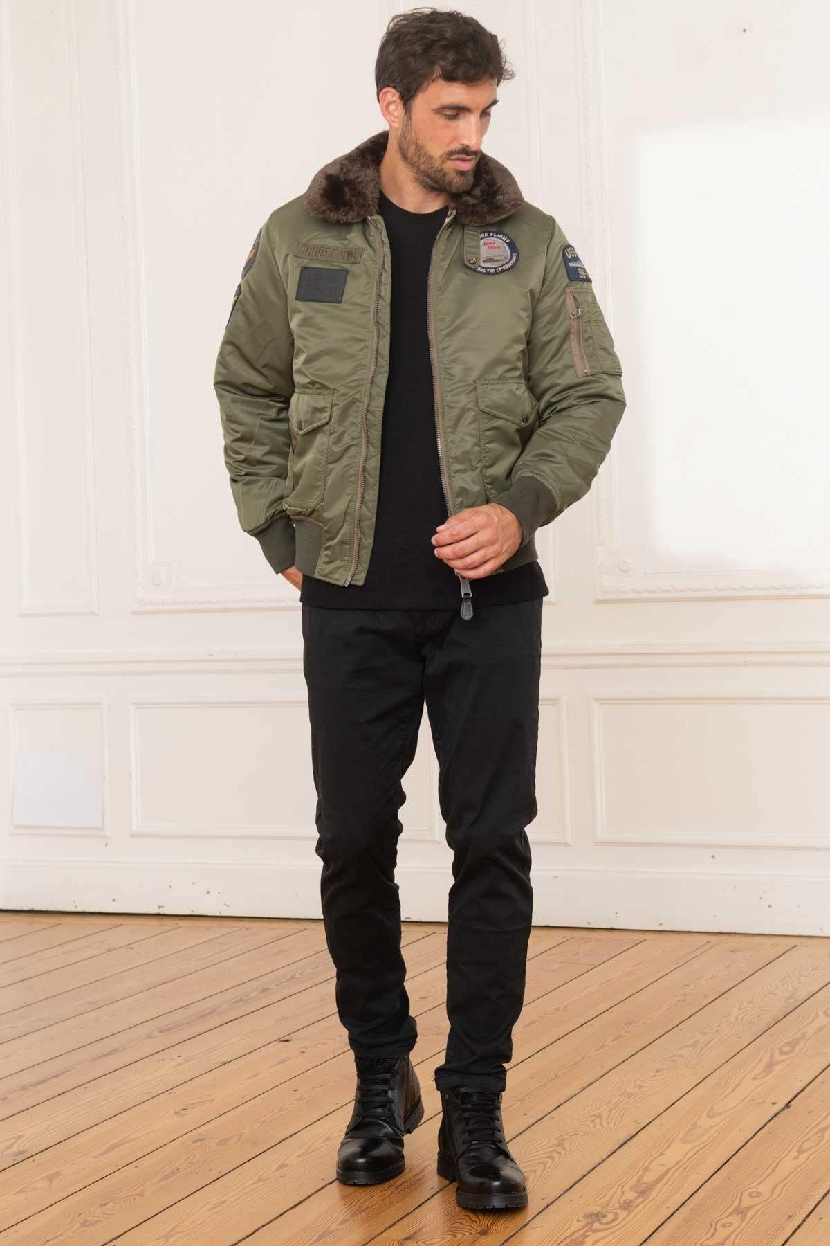 Men's khaki bomber jacket with fur collar - Image n°2