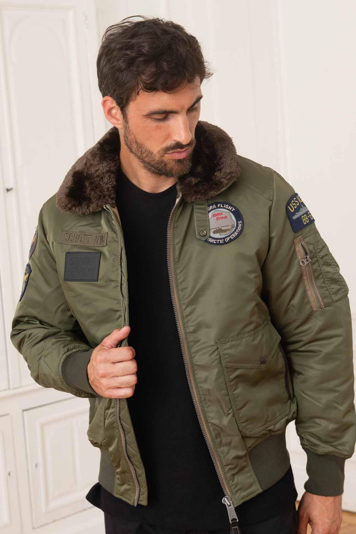 Men's khaki bomber jacket with fur collar - Image n°3