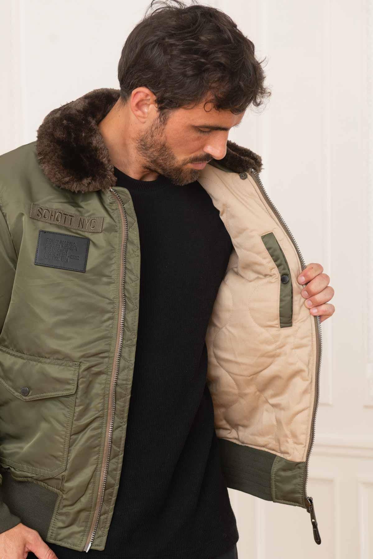 Men's khaki bomber jacket with fur collar - Image n°5