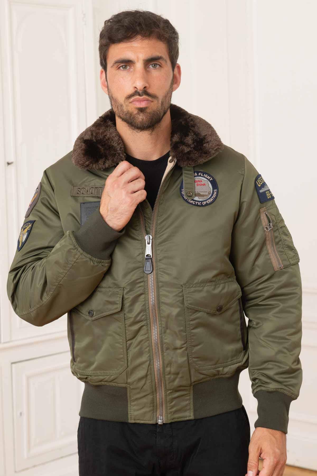 Men's khaki bomber jacket with fur collar - Image n°1