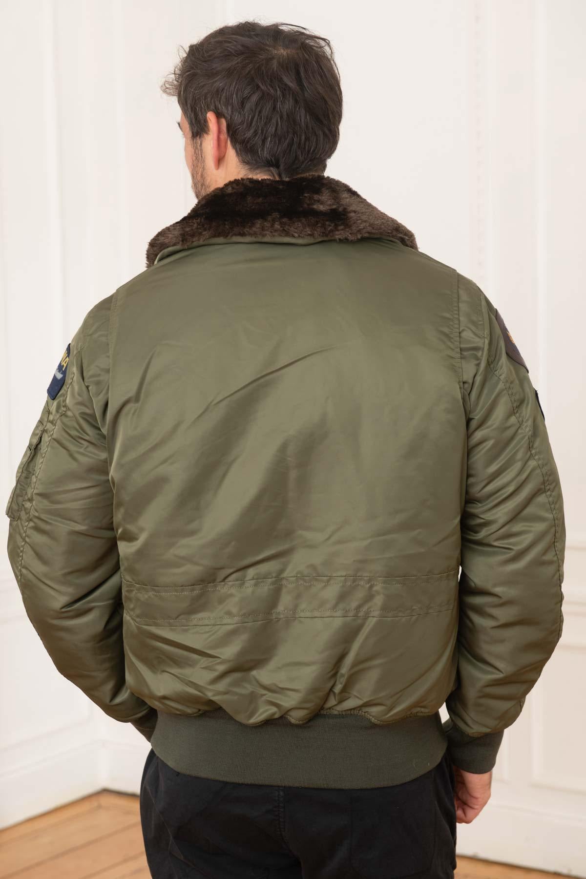 Men's khaki bomber jacket with fur collar - Image n°4