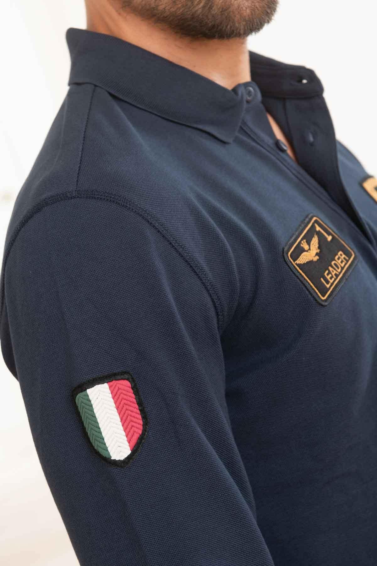 Dark blue long-sleeved polo shirt with patches - Image n°2