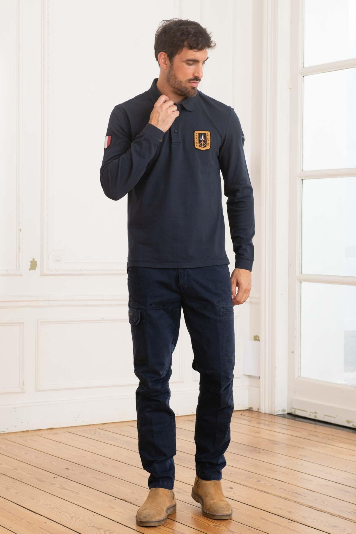 Dark blue long-sleeved polo shirt with patches - Image n°4