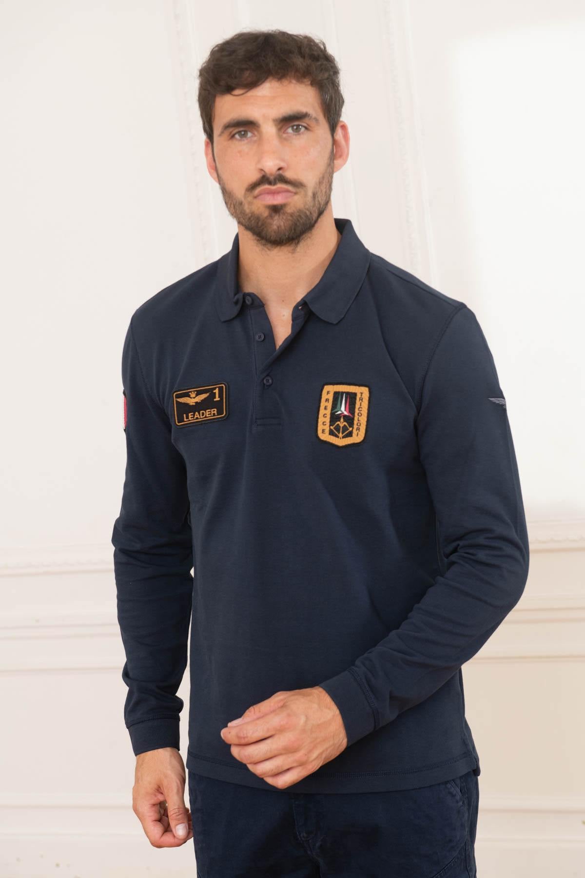 Dark blue long-sleeved polo shirt with patches - Image n°1