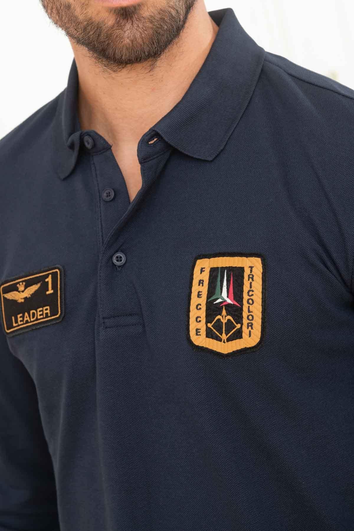 Dark blue long-sleeved polo shirt with patches - Image n°3