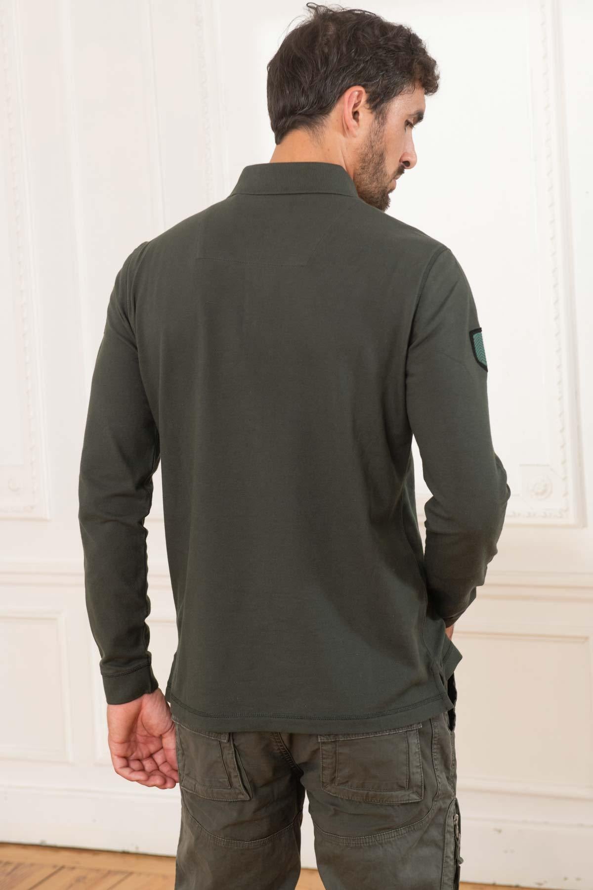 Men's khaki green long-sleeved polo shirt - Image n°3