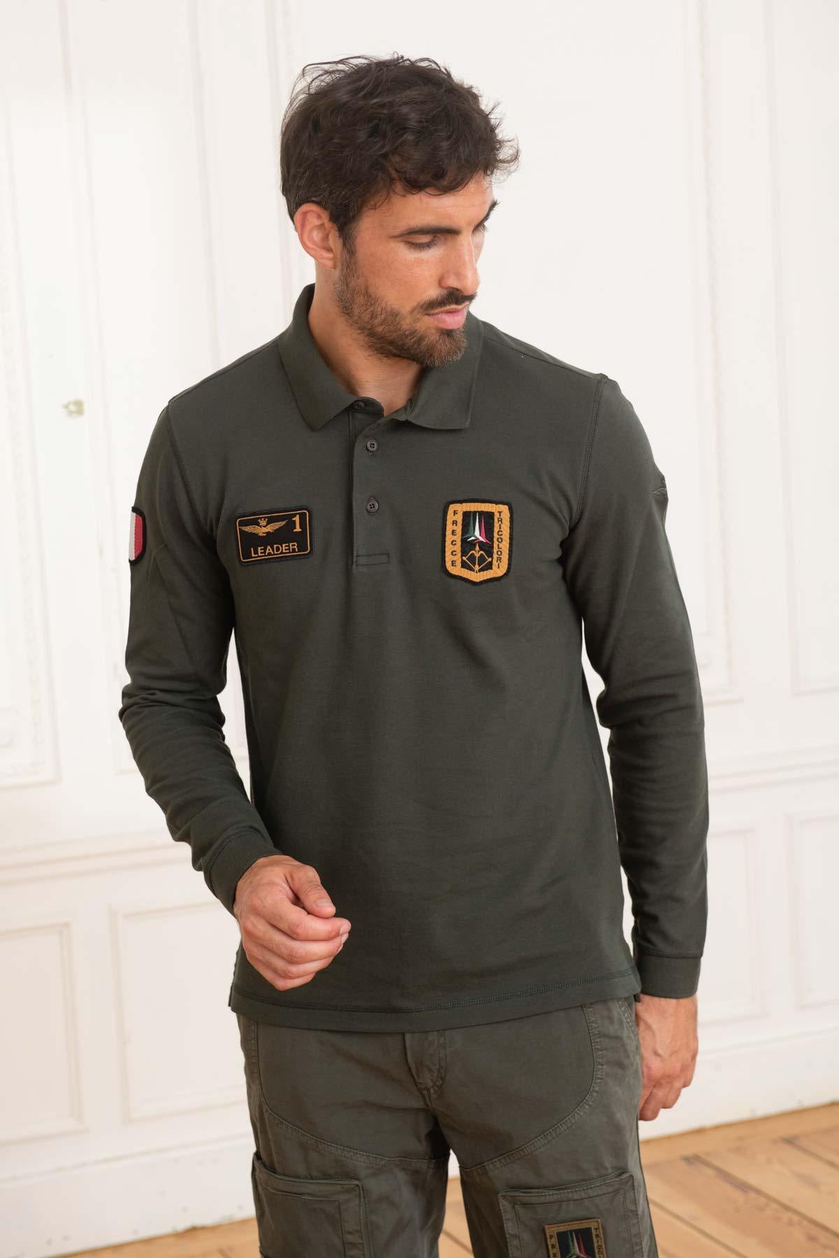 Men's khaki green long-sleeved polo shirt - Image n°1