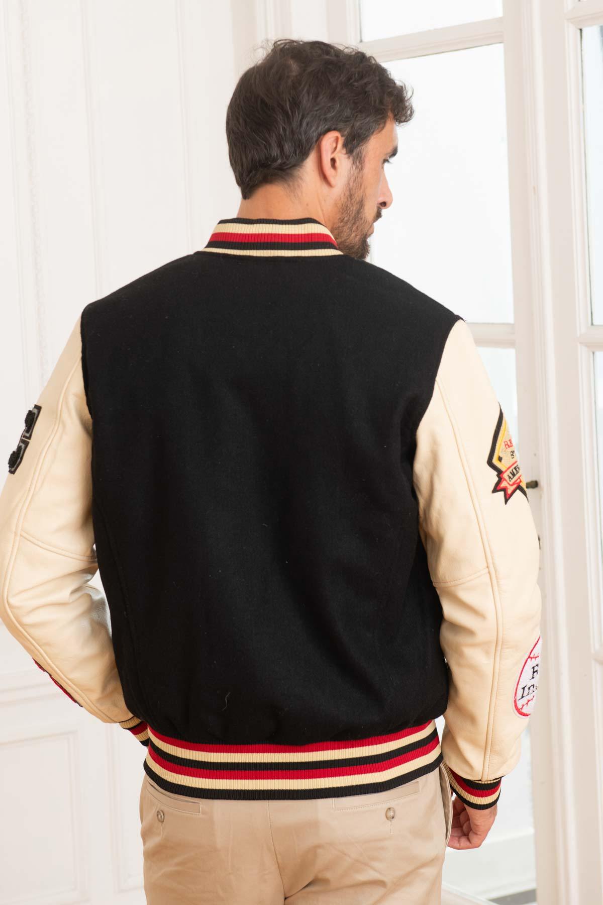 Black and beige varsity teddy in genuine leather - Image n°6