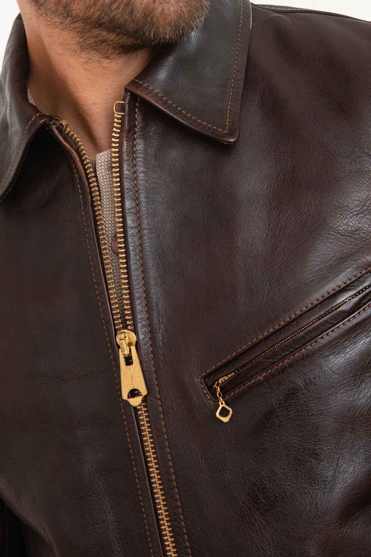 Men's brown leather shirt collar jacket - Image n°6