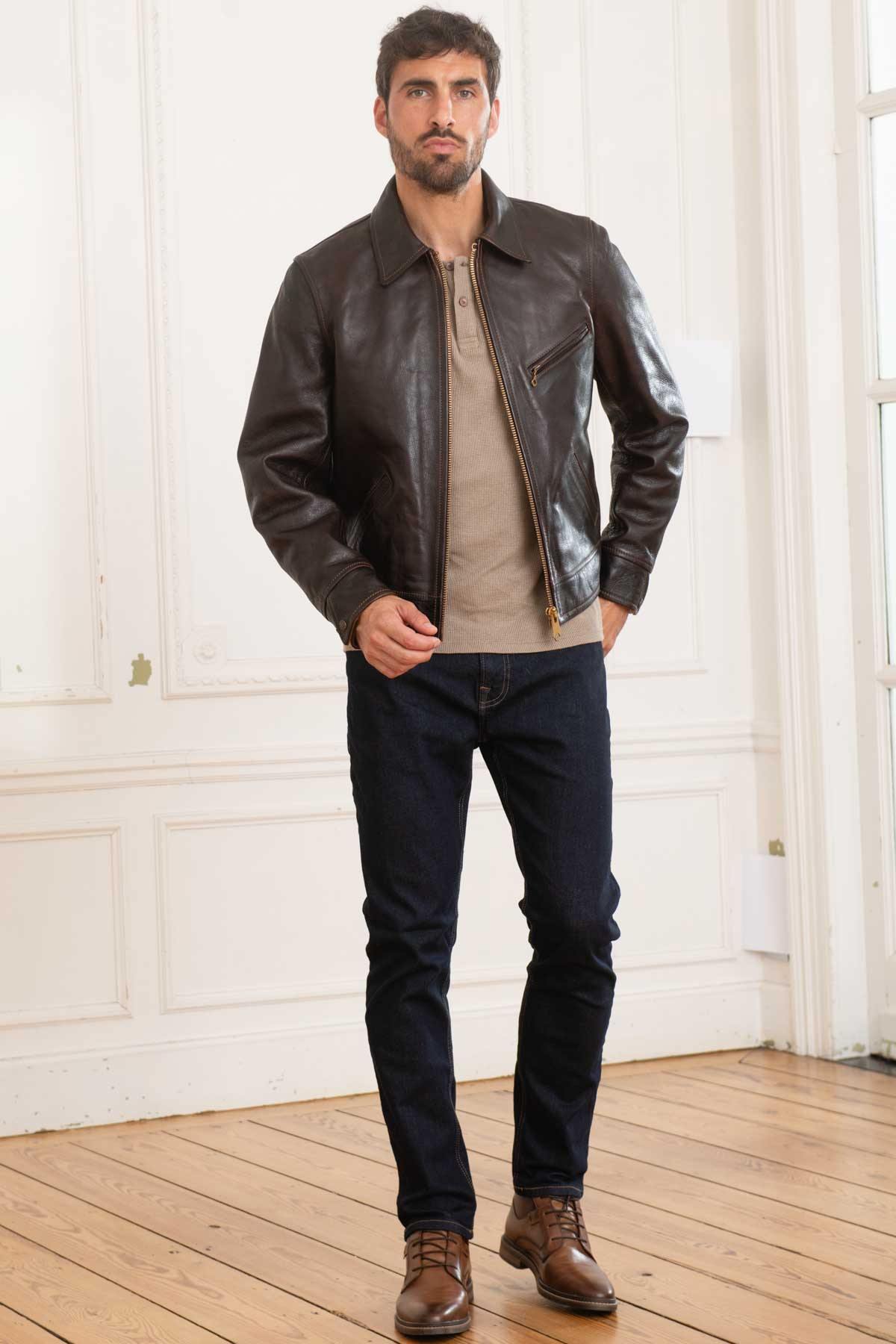 Men's brown leather shirt collar jacket - Image n°3