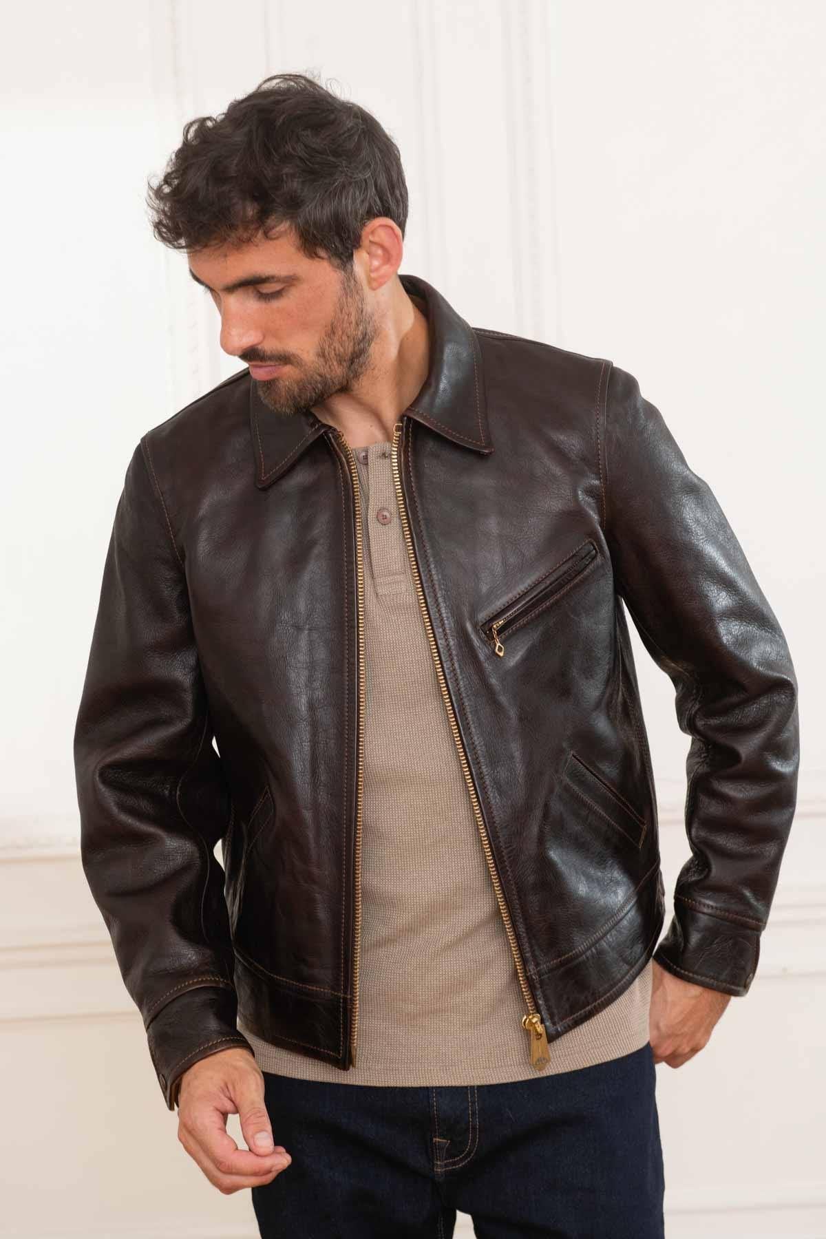 Men's brown leather shirt collar jacket - Image n°2