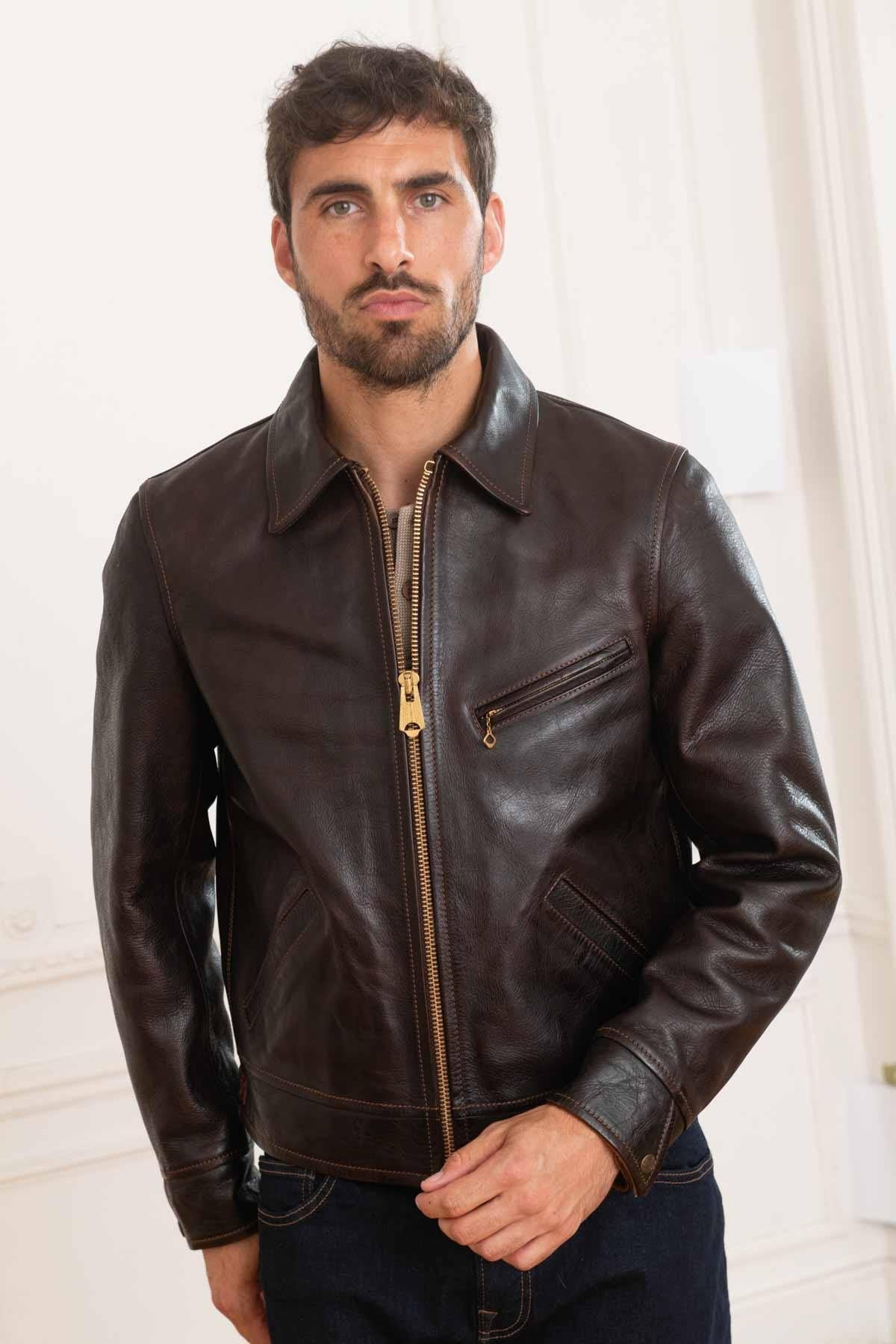 Men's brown leather shirt collar jacket - Image n°1