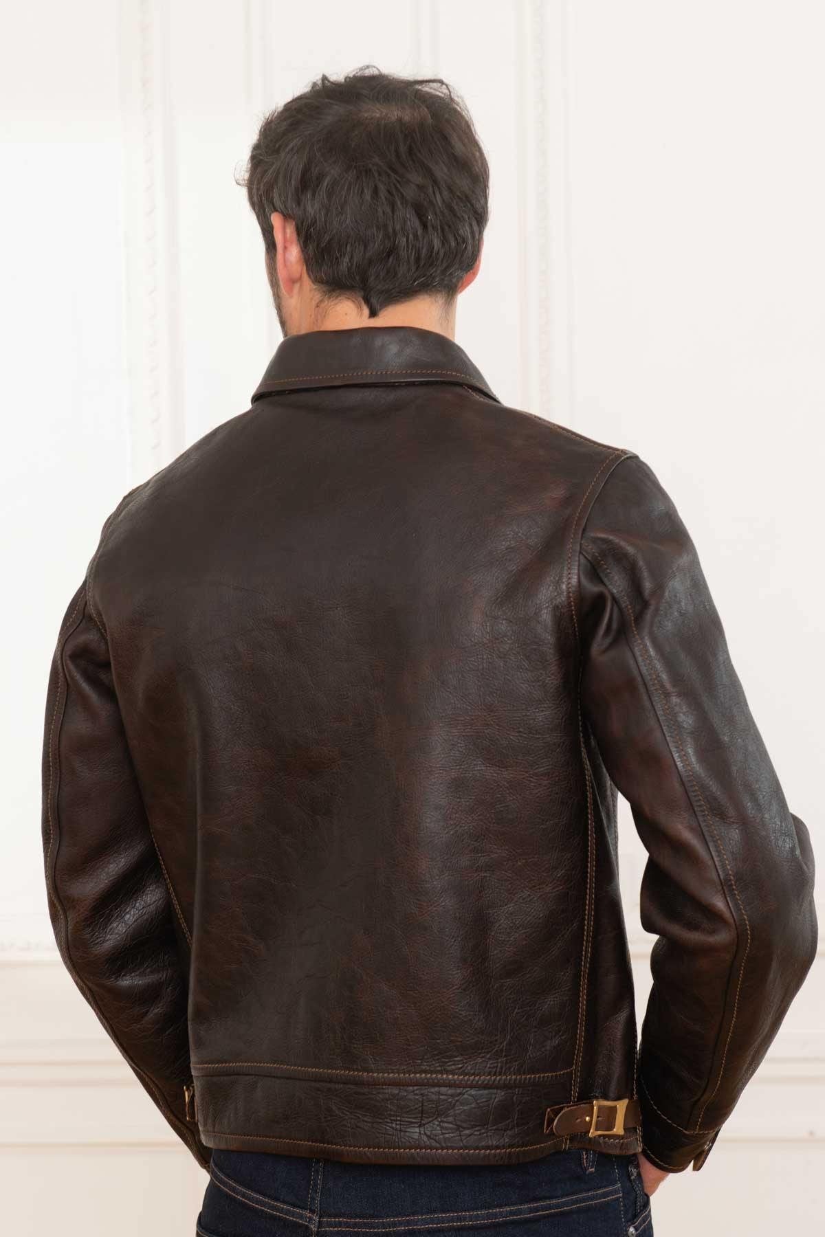 Men's brown leather shirt collar jacket - Image n°5