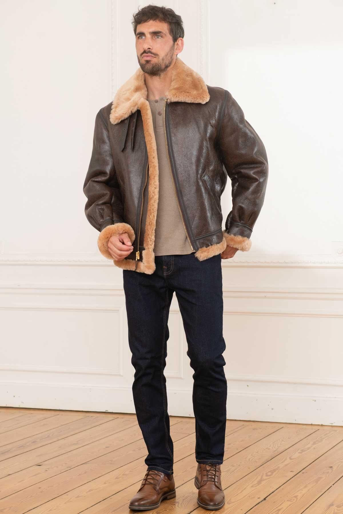 men's brown fur collar bomber jacket - Image n°3