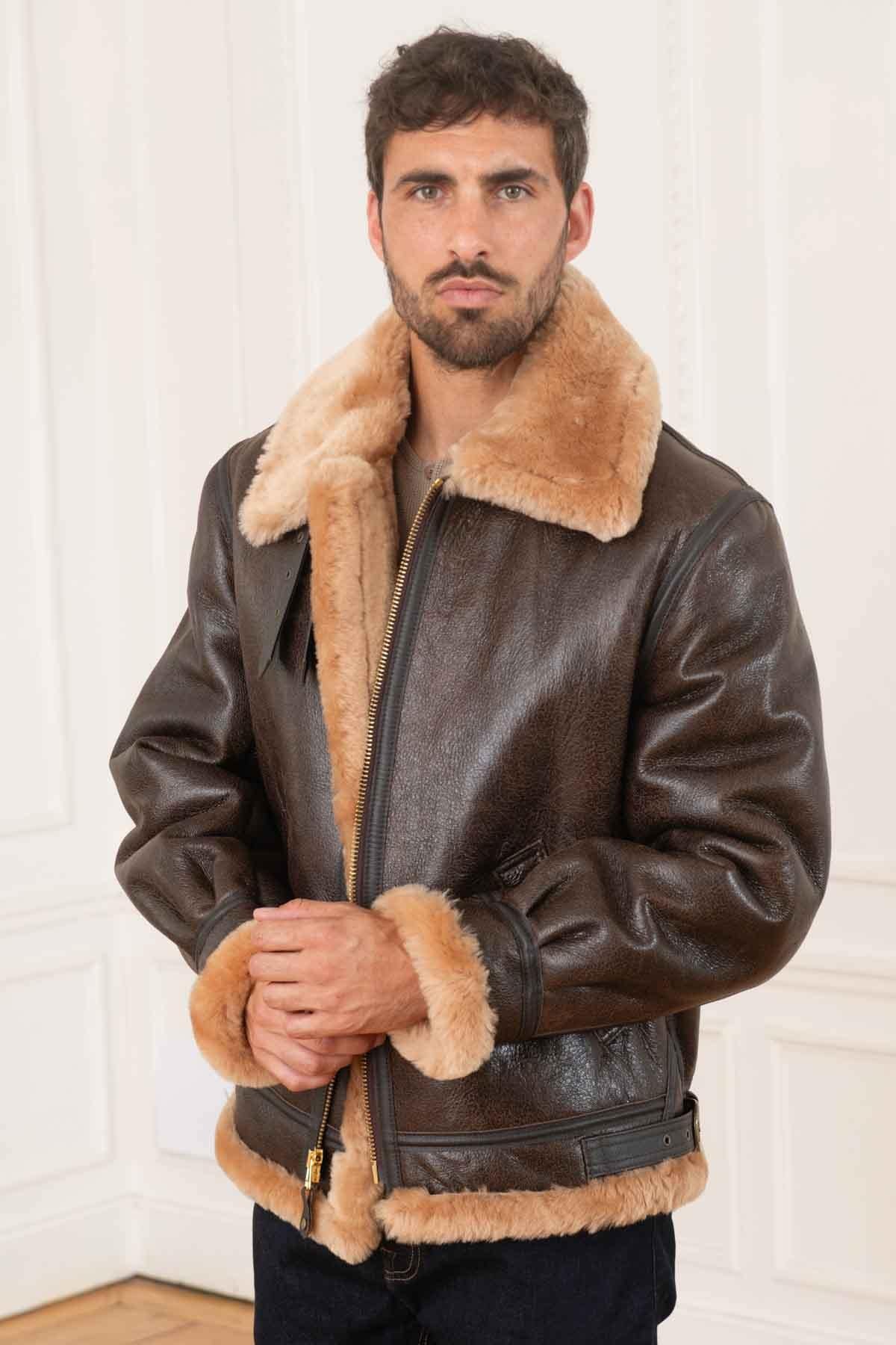 men's brown fur collar bomber jacket - Image n°2