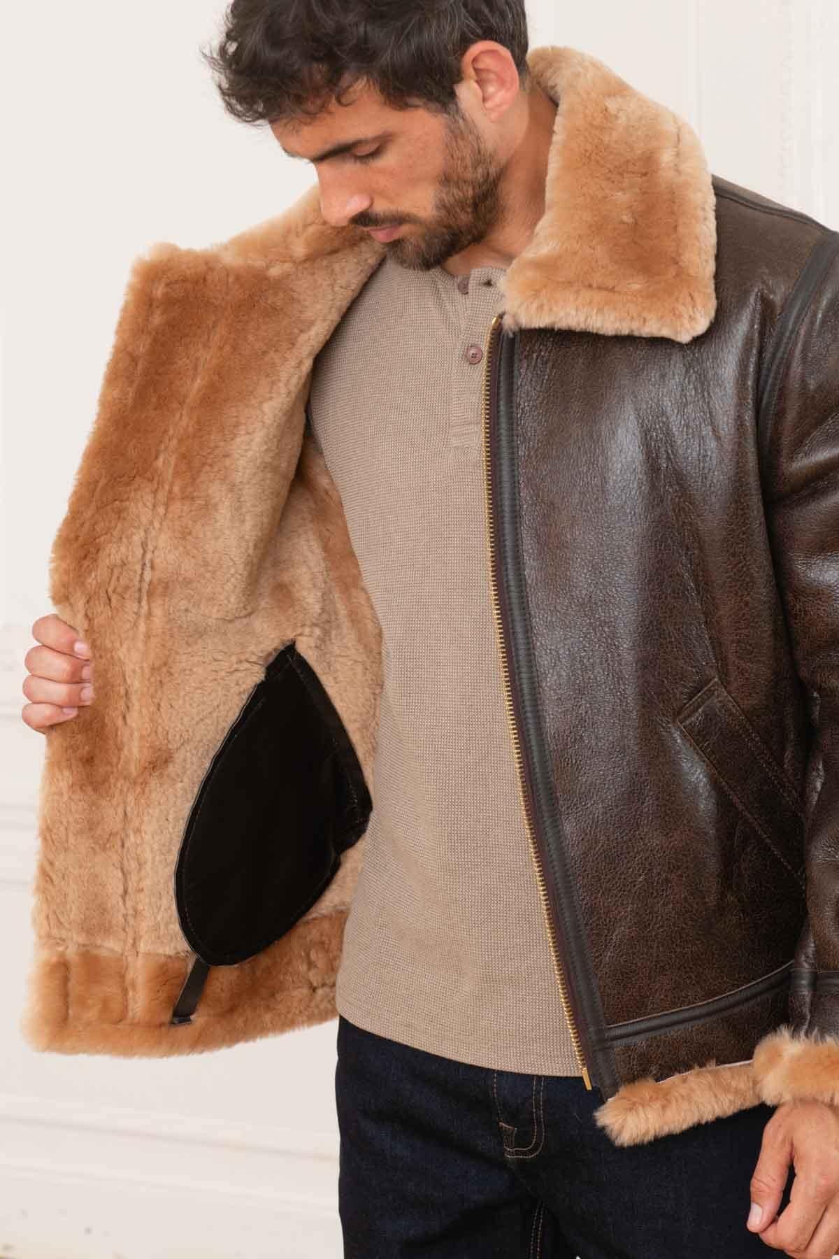 men's brown fur collar bomber jacket - Image n°5