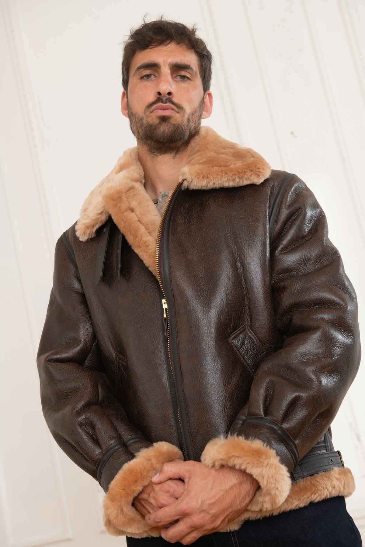 men's brown fur collar bomber jacket - Image n°6