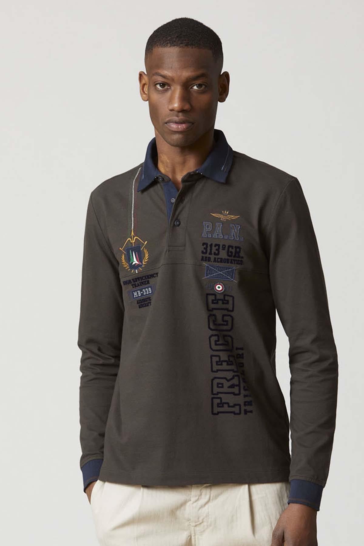 Long-sleeved brown cotton polo shirt with embroidery and flocking - Image n°3