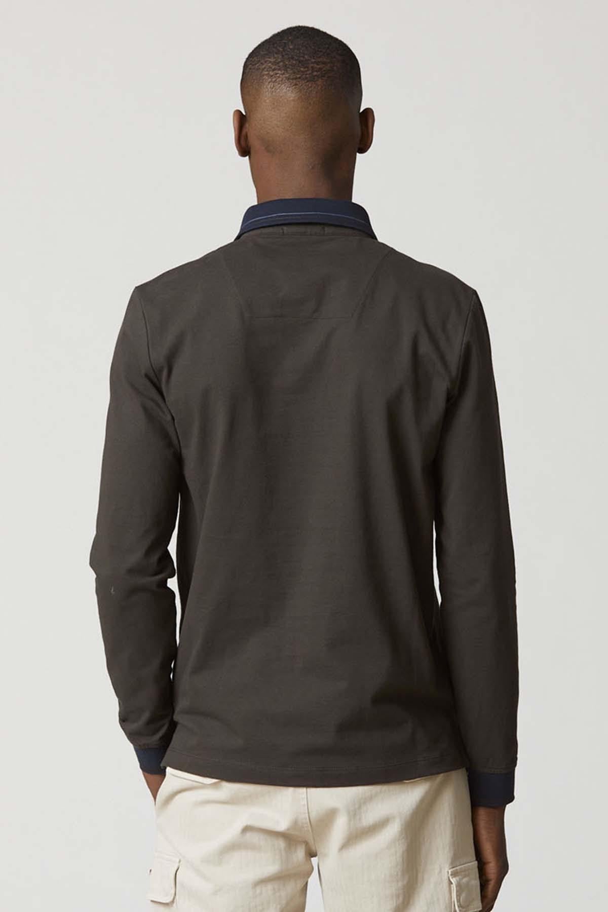 Long-sleeved brown cotton polo shirt with embroidery and flocking - Image n°4