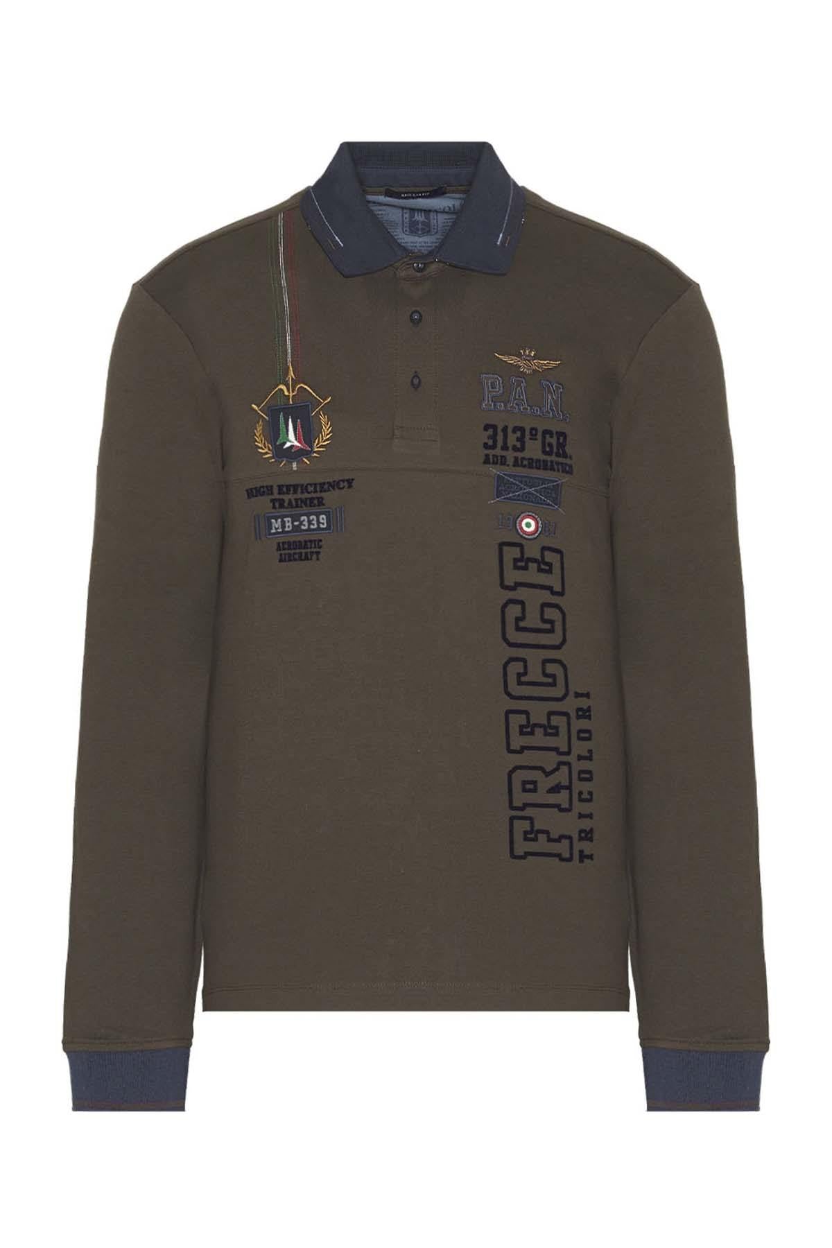 Long-sleeved brown cotton polo shirt with embroidery and flocking - Image n°6