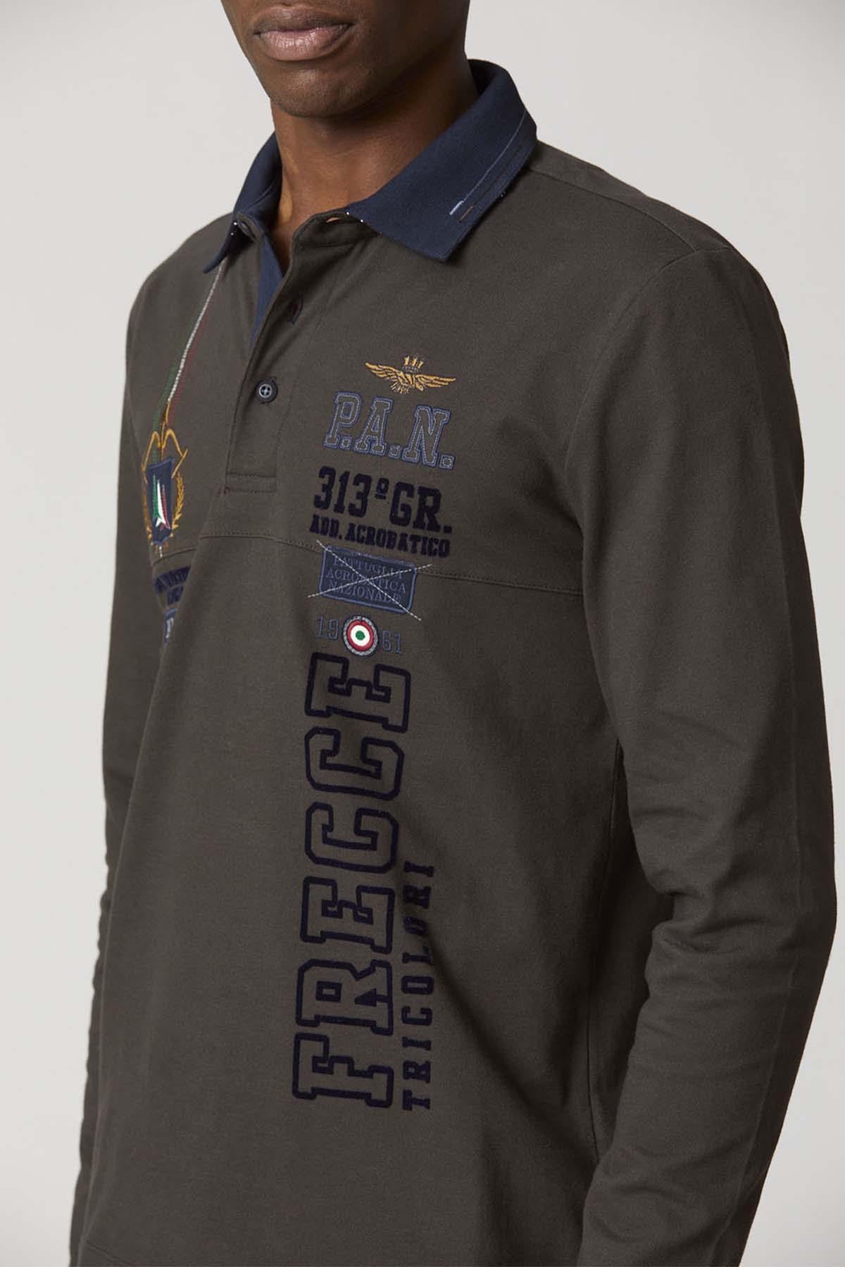 Long-sleeved brown cotton polo shirt with embroidery and flocking - Image n°1