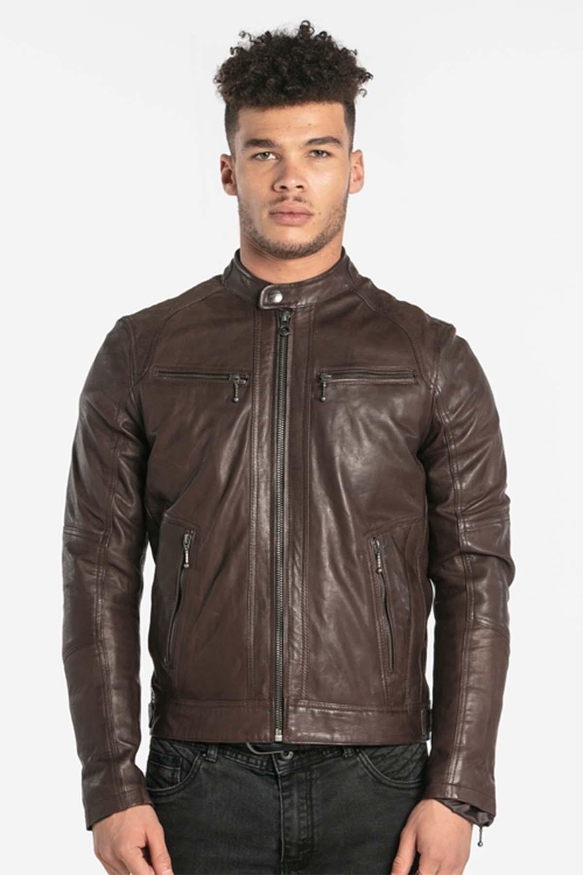 Brown leather jacket with biker collar - Image n°2