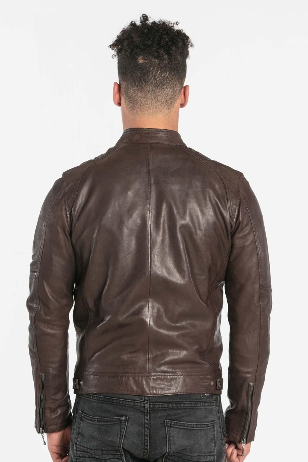 Brown leather jacket with biker collar - Image n°3