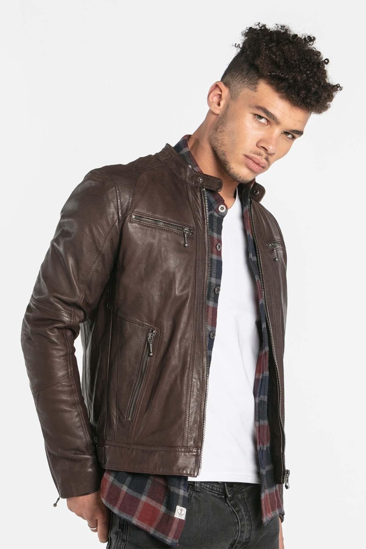 Brown leather jacket with biker collar - Image n°1