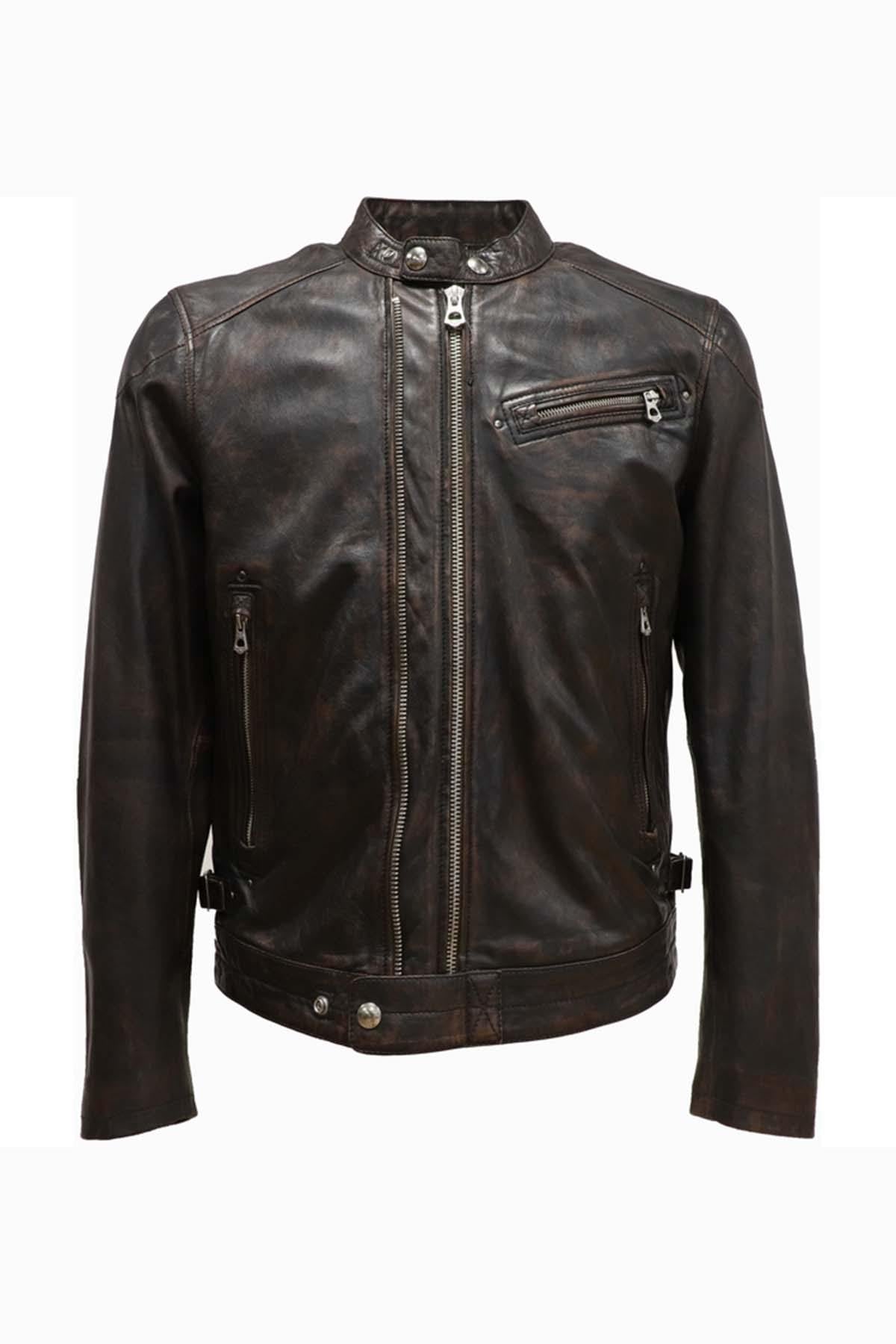 Black / cognac biker collar leather jacket with double zip - Image n°4