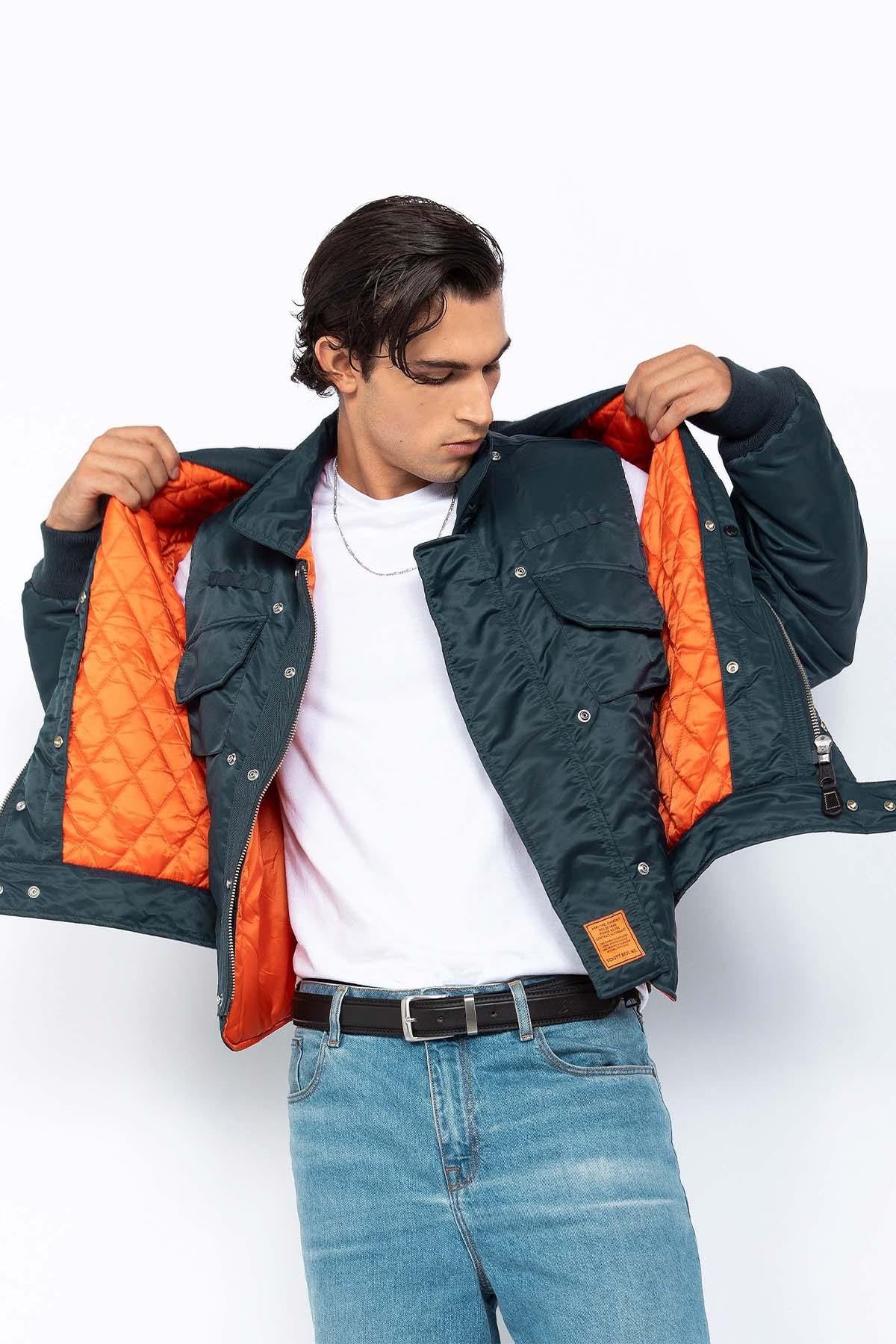 Bomber jacket with removable navy blue bib for men - Image n°2