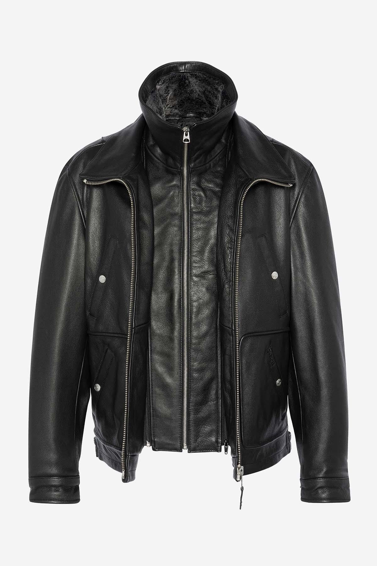 Leather jacket with removable bib for men - Image n°7