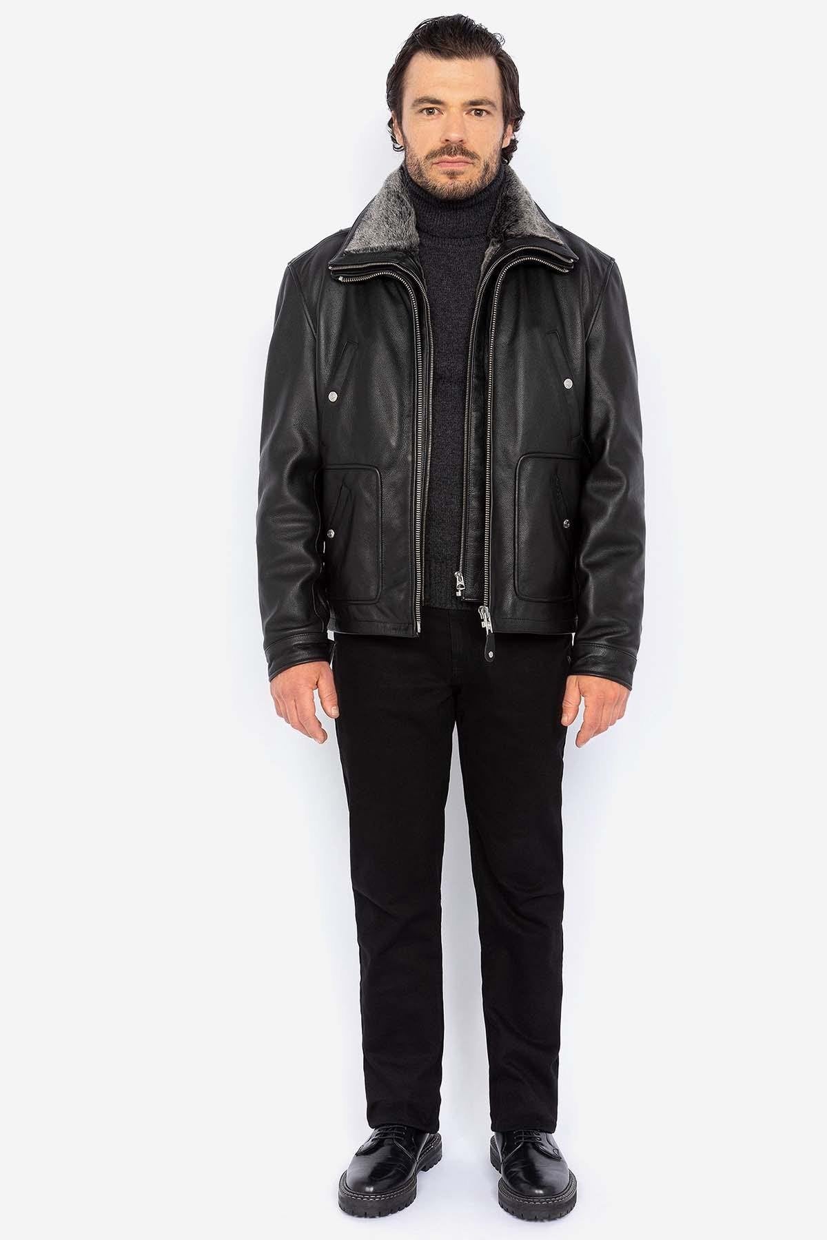 Leather jacket with removable bib for men - Image n°5