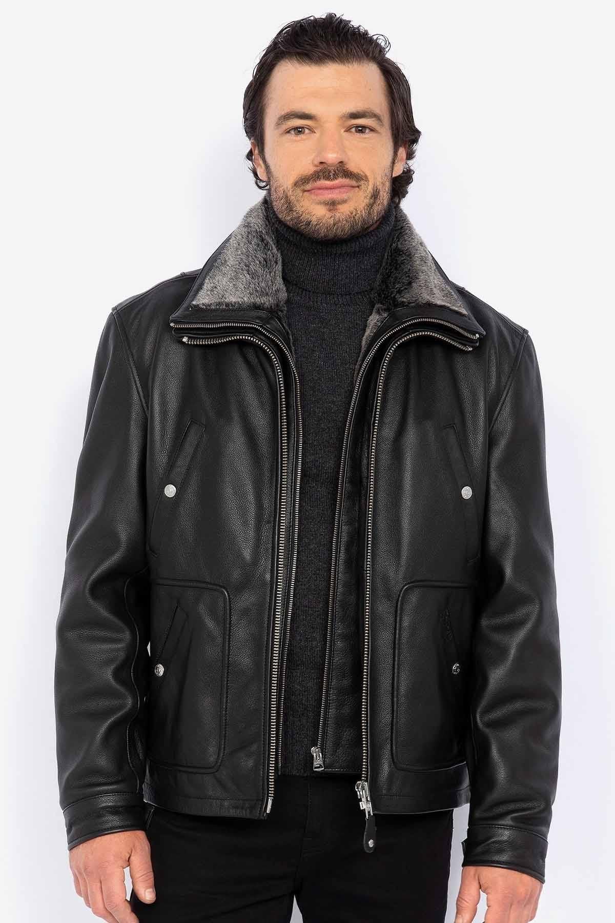 Leather jacket with removable bib for men - Image n°3