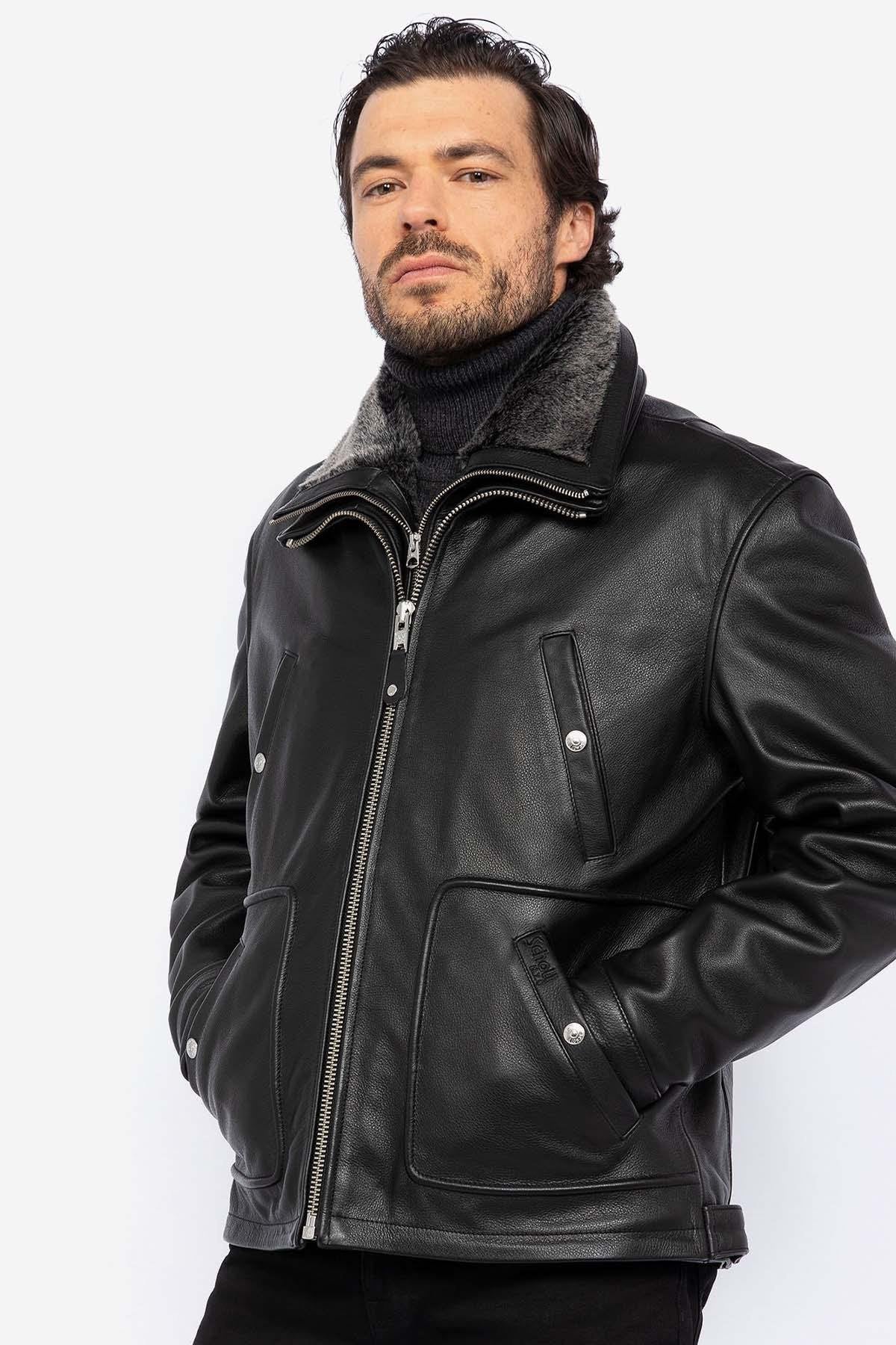 Leather jacket with removable bib for men - Image n°1