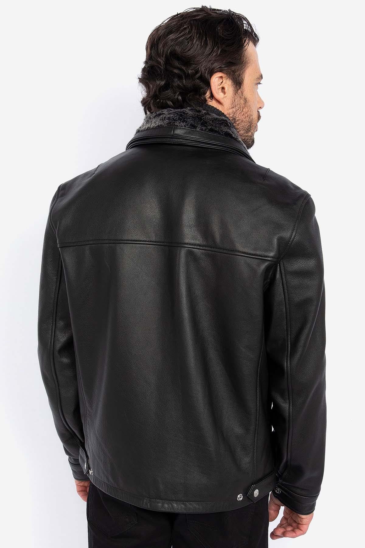 Leather jacket with removable bib for men - Image n°4