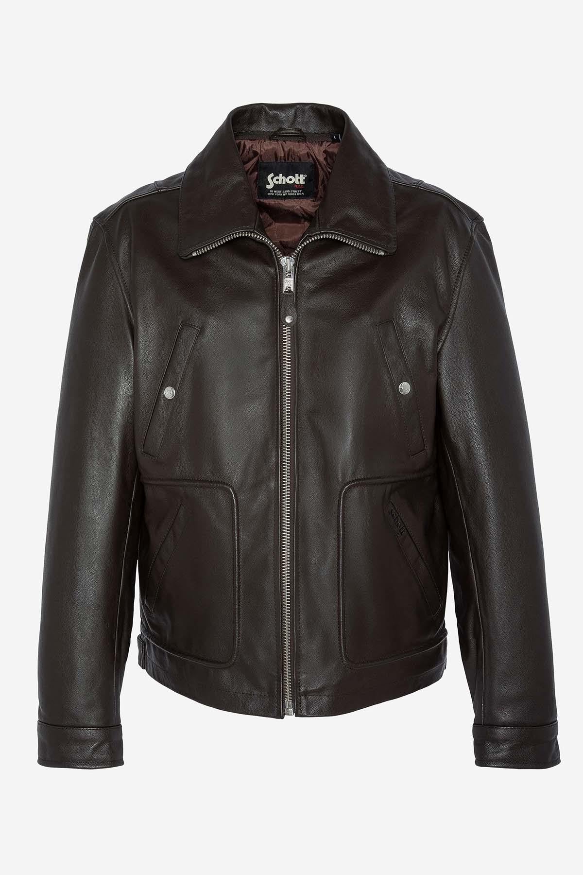 Brown leather jacket with removable bib for men - Image n°10