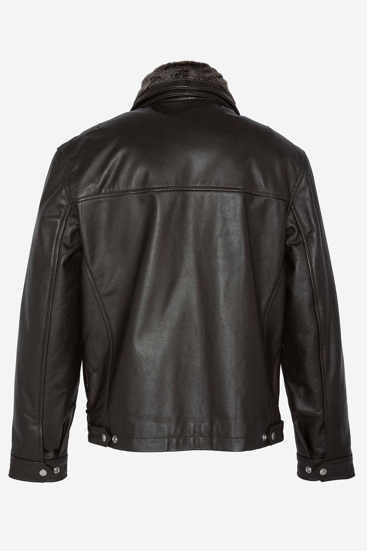 Brown leather jacket with removable bib for men - Image n°11