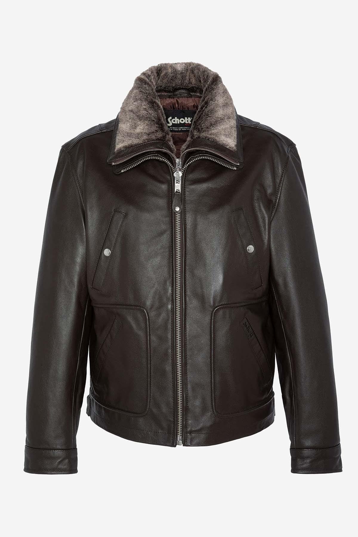 Brown leather jacket with removable bib for men - Image n°9