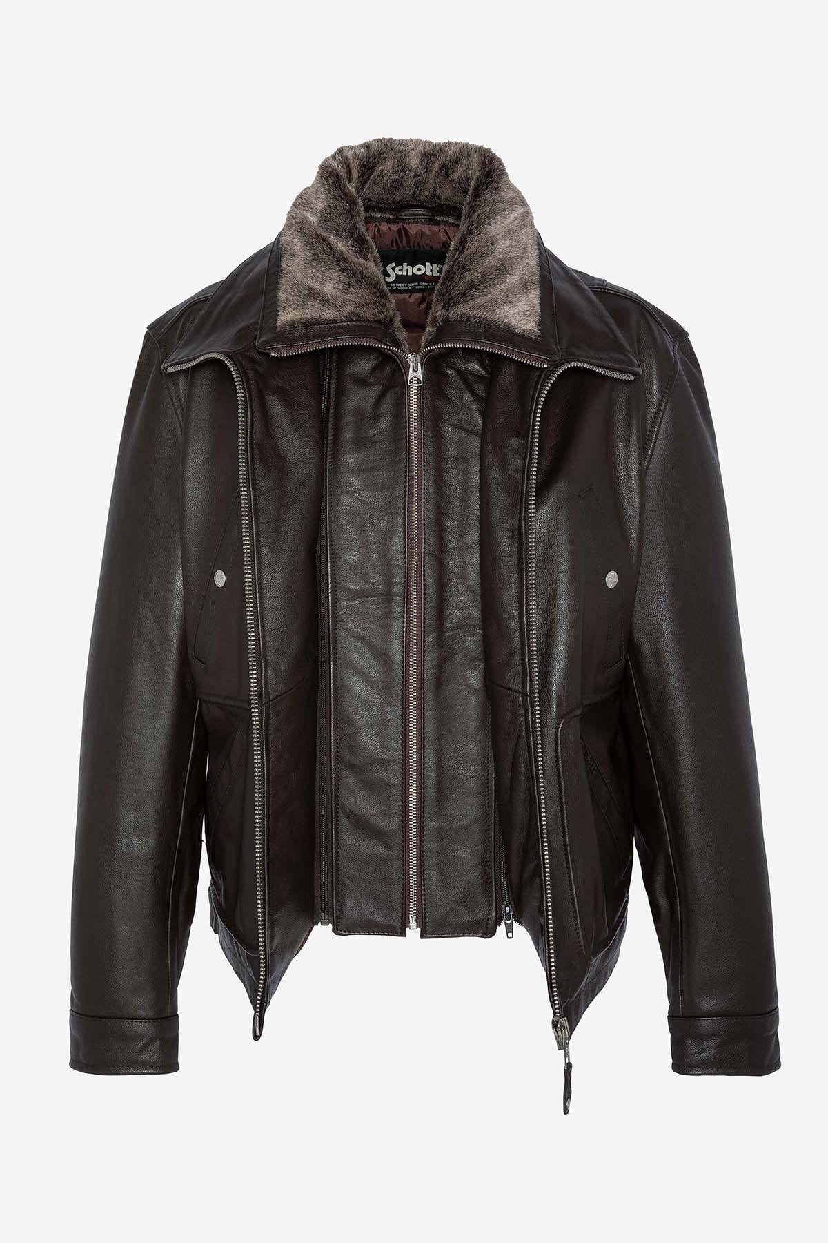 Brown leather jacket with removable bib for men - Image n°8