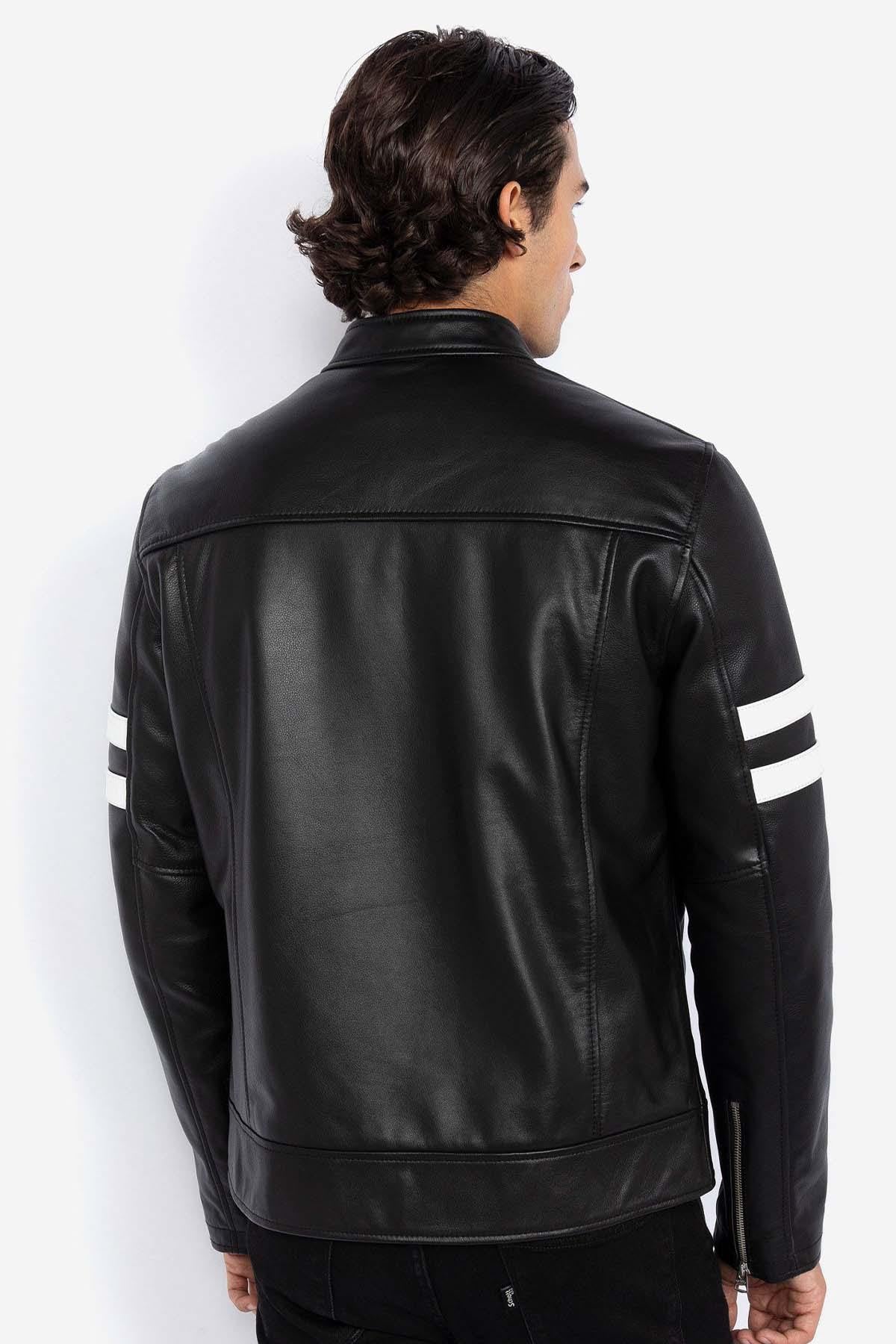 Leather jacket with biker collar and logo leather inserts - Image n°5