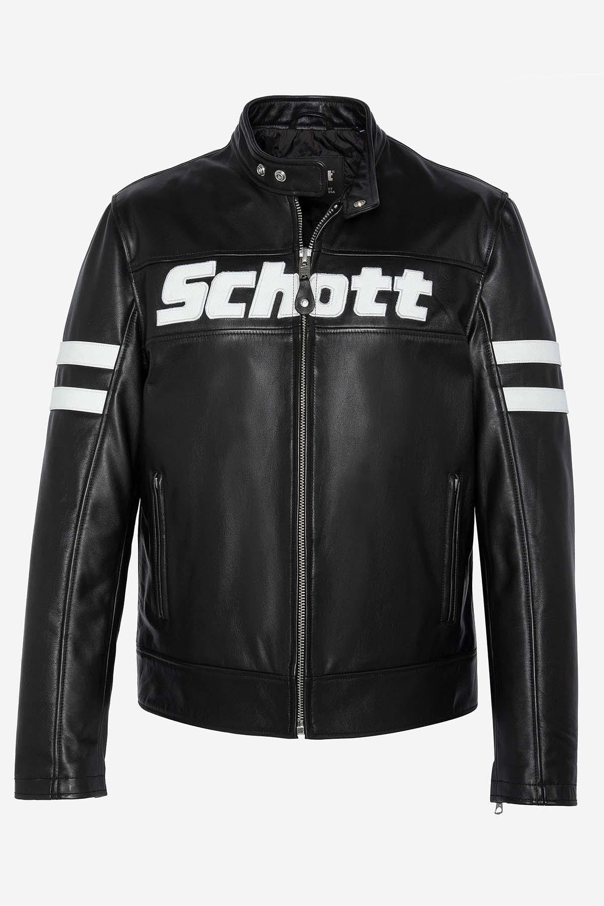 Leather jacket with biker collar and logo leather inserts - Image n°7