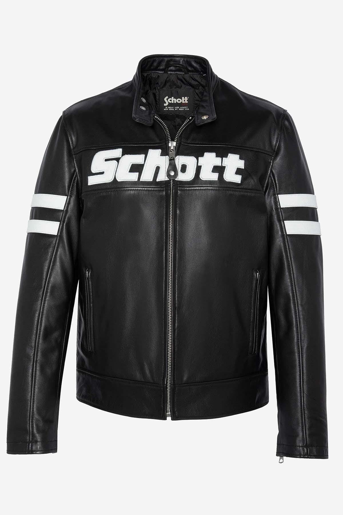 Leather jacket with biker collar and logo leather inserts - Image n°6