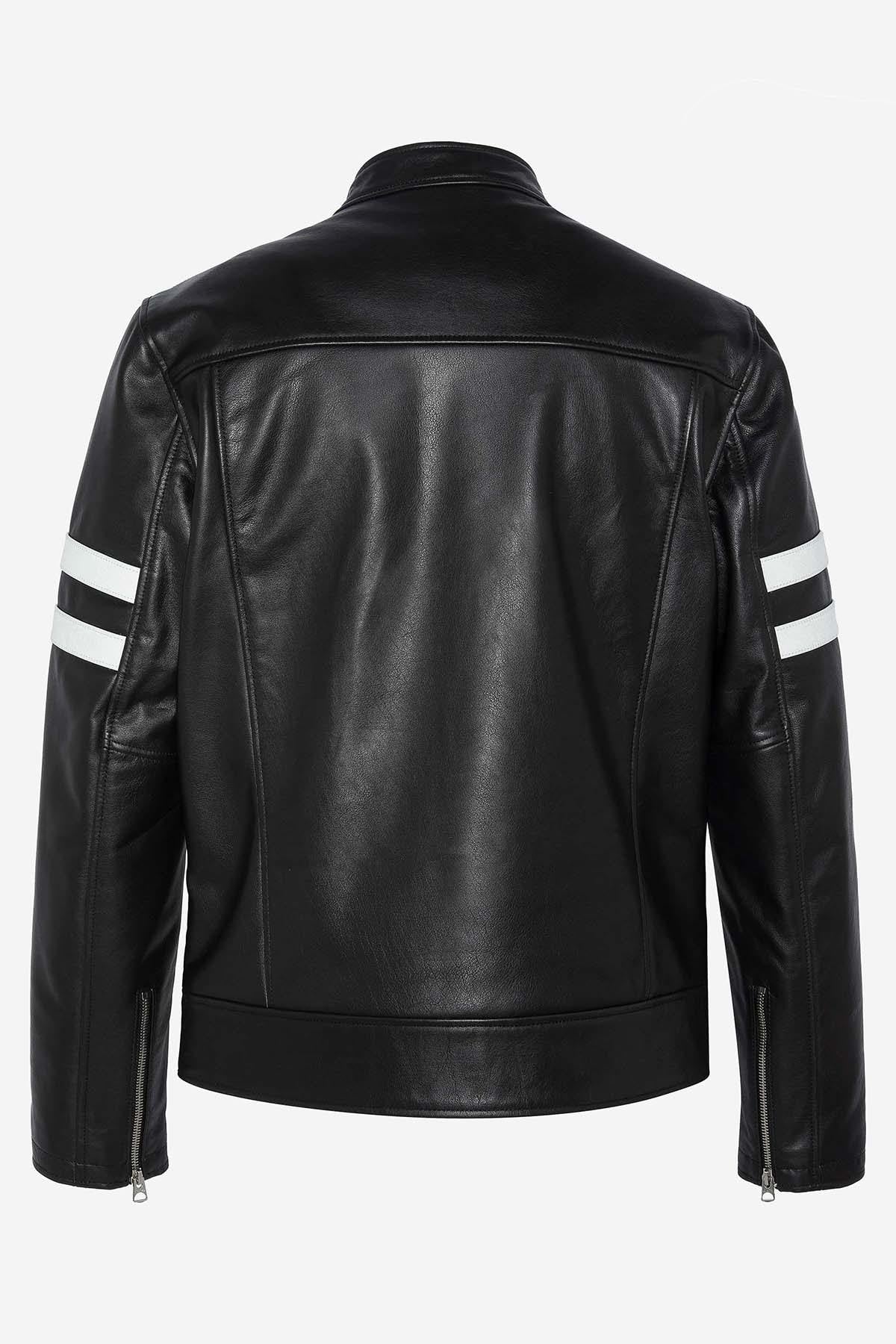 Leather jacket with biker collar and logo leather inserts - Image n°9