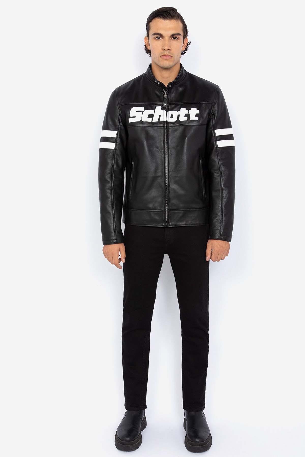 Leather jacket with biker collar and logo leather inserts - Image n°2